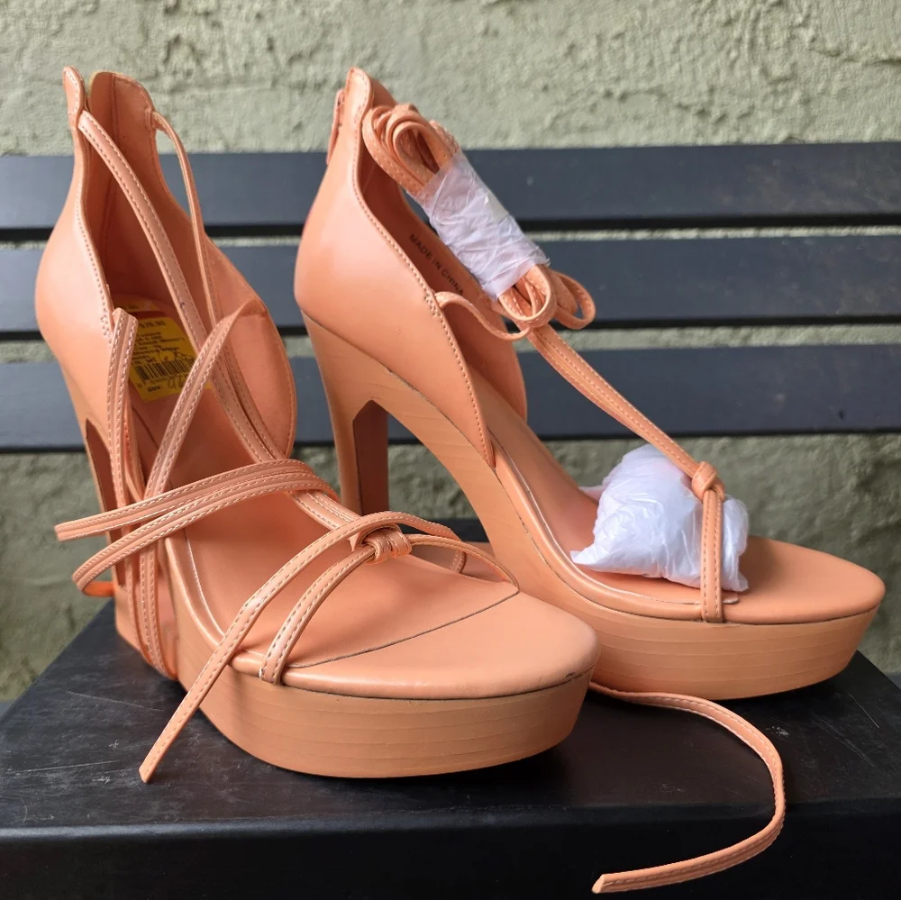AAJ BY AMINAH WOMENS‎ NINA LACE-UP ARCHITECTURAL WEDGE SANDALS ORANGE Sz 6.5M